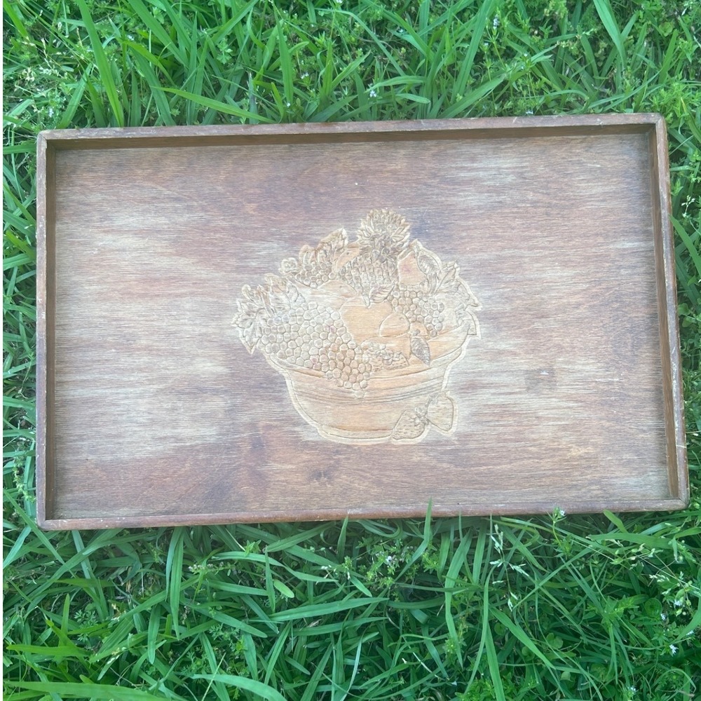 Vintage Serving Tray Home 19x12 Brown Wood Carved Fruit